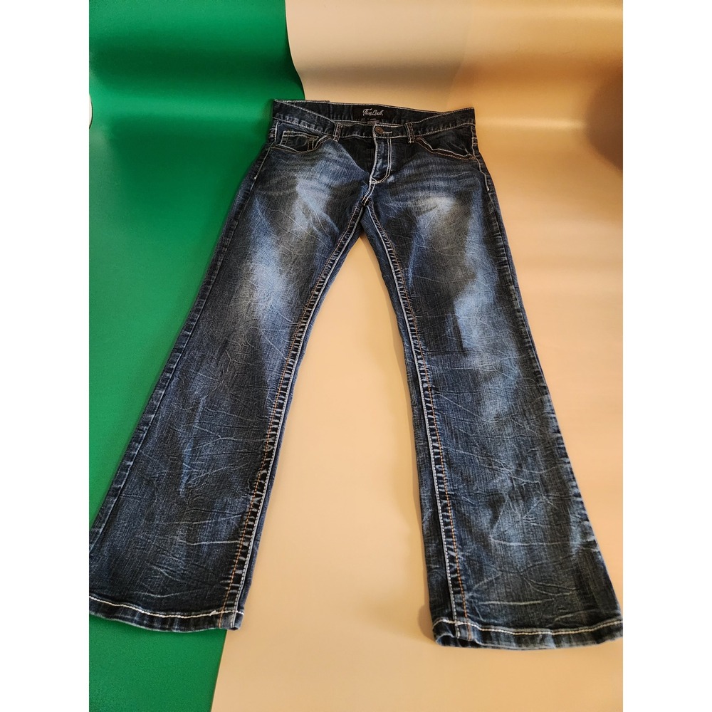 True Luck Jeans Men 34x32 Dark Wash Straight Leg Thick Stitch Embroidered Pocket